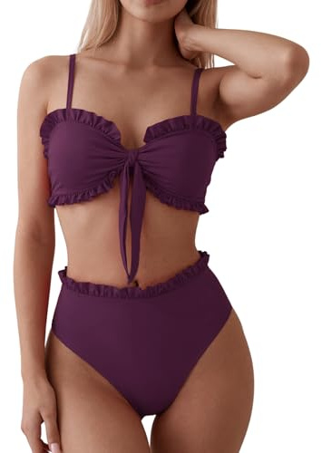OUSIMEN Dam axelbandslös bikiniset Bandeau baddräkt volang trim detalj hög midja baddräkt, Lila, S