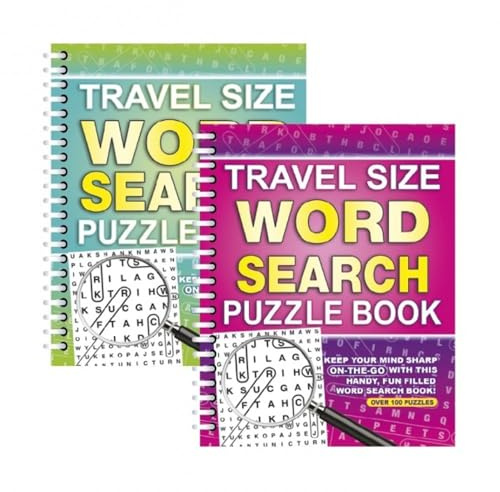 Sixstore A5 Spiral Bound Travel Size Word Search Puzzle Books, Green and Pink - Set of 2