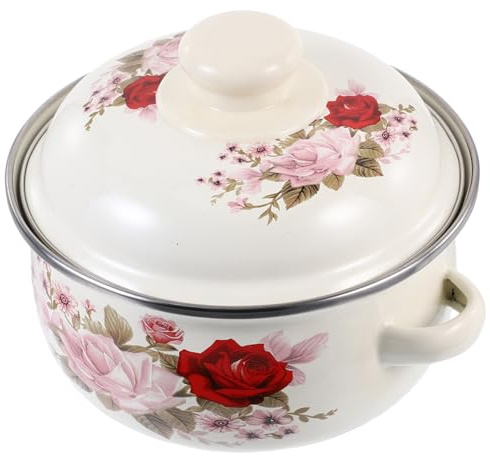 UKCOCO Marmite en Émail Beige 16cm Double Poignée, Pot à Ragoût Épais Facile à Nettoyer Cuisine Maison Élégante et Fonctionnelle