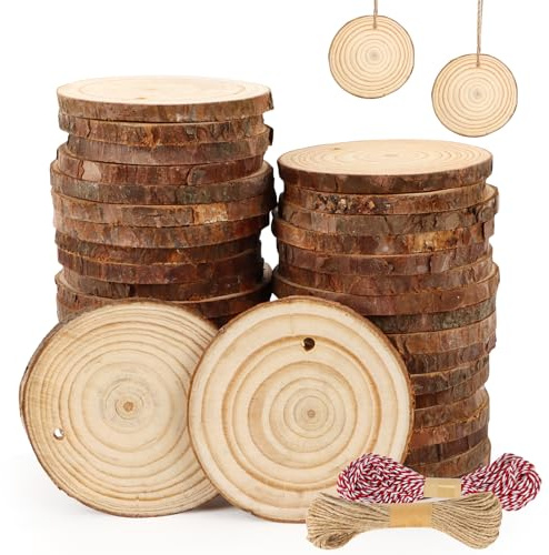 Encuryna 42 Stück 7-8CM Runde Holzplatten Dicke 0,5CM,Rund Holzscheiben zum Basteln mit zwei Baumwollschnüren, Holzscheibe mit Löchern, Baumscheiben Unvollendete, Stark langlebig