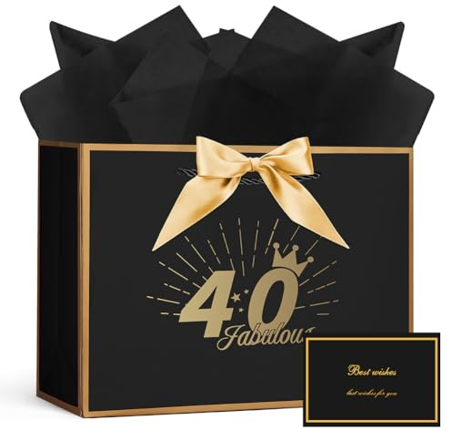 AOOSU Geschenktüte 40 Geburtstag, Papier Geschenktüten mit Schleife+1 Grußkarten+3 Seidenpapier, Schwarz Geschenktaschen Frauen Männer 40th Birthday Gift Bag, Geschenkverpackung für Geschenk Jahrestag
