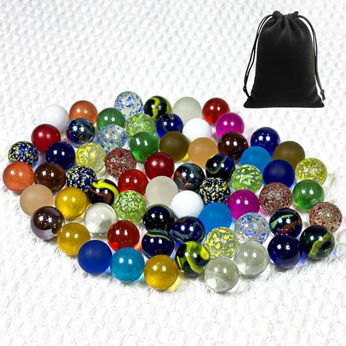 Juego de 70 bolas de cristal (16 mm x 60 - Pequeñas bolas de colores con motivos + 16 mm x 10 transparentes sin patrón), bolsa de almacenamiento para bolas de cristal, mezcla de bolas multicolores