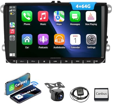 ESSGOO True 4+64G 9 Zoll Autoradio mit Carplay und Android Auto, Android 15 Car Radio Für VW Golf 5 6 Polo Touran B7 EOS Tiguan Seat Skoda mit Bluetooth GPS RDS Navi FM AM SWC Rückfahrkamera