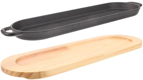 BESPORTBLE Plat à Steak en Fonte Ondulée avec Double Poignée et Plateau de Service en Bois, Poêle à Griller Antiadhésive Compatible Barbecue, Cuisson Viande et Poisson pour Repas à Domicile,