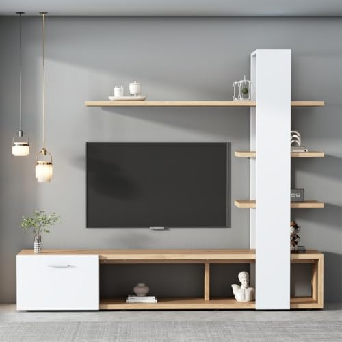 Generisch 180 X 33,5 X 151,5 Cm Mobile TV moderno in rovere bianco, Lowboard, Set di pareti TV, Set di mobili per soggiorno per televisori sotto i 60 pollici