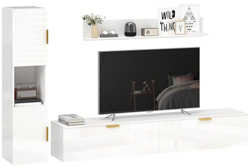HOMCOM Wohnwand Wohnzimmer mit Wandregal und Aufbewahrungsschrank, 3-teiliges TV Set, Fernsehschrank Fernsehtisch mit Klapptüren, für Fernseher bis 55, Hochglanzweiß