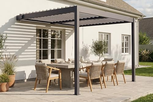 Cazeboo Pérgola bioclimática adosada Piana de 3x2,5 m en Aluminio Gris con persianas retráctiles en el Lado de 3 m.
