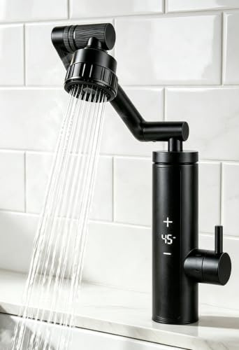 Wasserhahn mit Durchlauferhitzer, Warmwasserhahn Dlektrisch 230 V | Elektrischer Heiß- und Kaltmischer Wasserheizhahn mit digitaler Anzeige, Edelstahl Wasserhahn mit 360° drehbarem (Black)