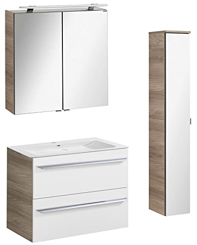 FACKELMANN helles Badmöbel Set 4-TLG. Luxor hängend Gusswaschbecken 80 cm & LED Spiegelschrank