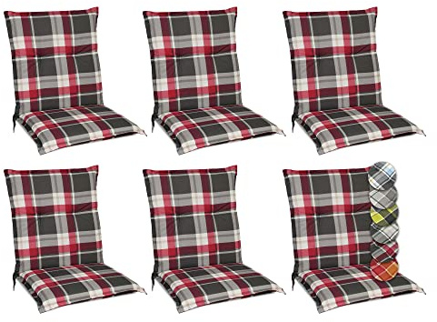 Beautissu 6er Set Niedriglehner Auflagen für Gartenstühle UV-Lichtecht | 100x50cm Bordeaux Kariert Polster bequeme Gartenstuhl Stuhlkissen Polsterauflagen Gartenstuhlauflagen Niederlehner Sunny RK