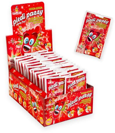 CASA DEL DOLCE Pieds fous avec poudre pétillante Effervescente, sucettes au goût de la cerise, boîte de 40 pièces emballées individuellement, sans gluten, sans lactose, idéale pour les fêtes