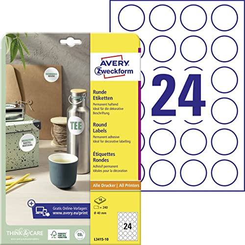 AVERY Zweckform Runde Etiketten L3415-10 (240 Aufkleber auf 10 Blatt, zum Bedrucken, selbstklebend, Ø 40 mm, A4, Klebepunkte zum Kennzeichnen von Unterlagen, Produkten) weiß