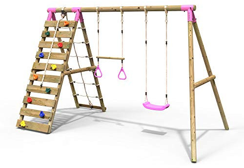 Rebo® Wooden Swing Set with Up and Over Climbing Wall - Savannah Pink | OutdoorToys | Knotted Climbing Rope, Trapeze Bar, Sturdy Wooden Construction, Pressure Treated Timber