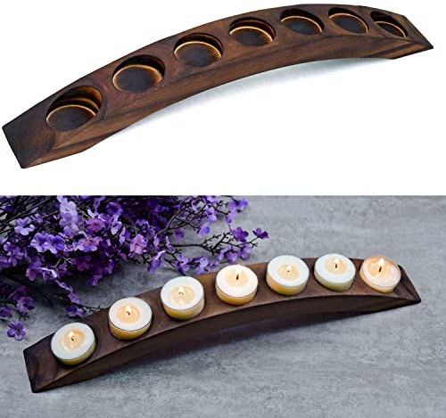 Long Wooden Bridge Tealight Candle Holder, 7 Holes - Candle Centerpieces for Tables - Antique Wood Color