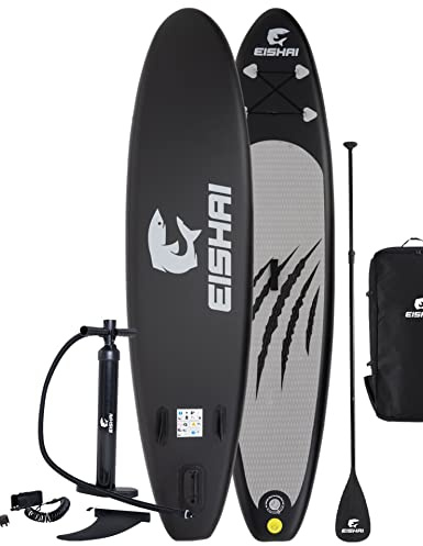 EISHAI Sharkbite aufblasbares Stand Up Paddle Board SUP 7-teiliges Komplett-Set mit Paddel, Sicherheitsleine, Pumpe, Reparaturset für Damen & Herren, belastbar bis 130 Kg kompakt verstaubar