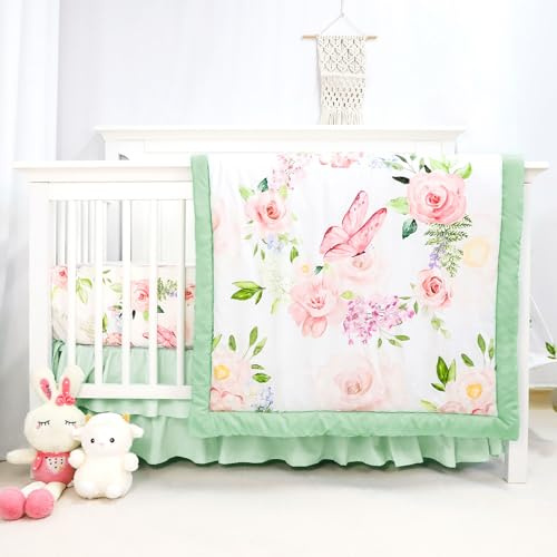 CARUILI 4 Piece Crib Bedding Set for Girls, Baby Girl Crib Bedding Set Butterflies Floral Nursery Bedding Set Includes Comforter, Fitted Crib Sheet, Crib Skirt, and Diaper Stacker, Green & Pink