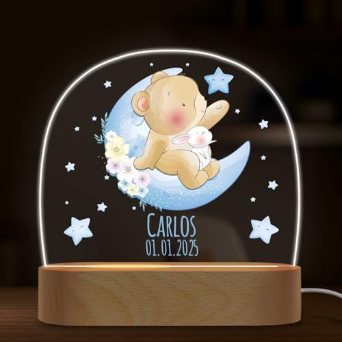 GRAVURZEILE Personalisiertes Kinder Nachtlicht - Mond Design - LED Nachttischlampe für das Kinderzimmer - Personalisierte Geschenke für Kinder & Babys - Geschenk zur Geburt - Babygeschenk - Bär