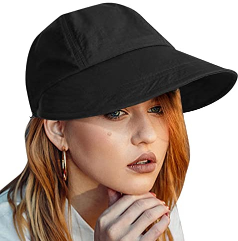Voiakiu Femme Capeline de Plage Pliable Chapeau de à Large Bord UPF 50+ Chapeau Protection Solaire Cap Visor Anti-UV Bob Coton Été Visière Casquette Respirant avec Corde de Coupe-Vent