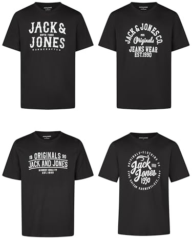 JACK & JONES JJLINO T-shirt 4-pack rund hals kortärmad skjorta regular fit tryck sommar 100 % bomull svart vit grön röd blå grå S M L XL XXL 3XL, 5-pack, L