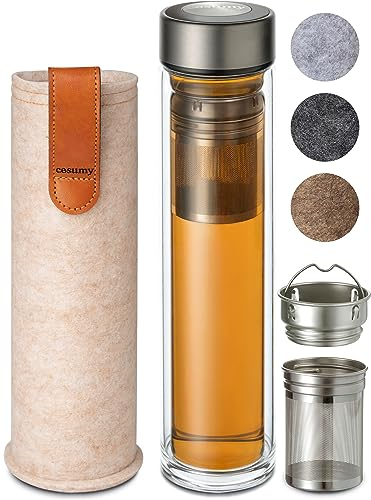 Cosumy Bottiglia da Tè con Infusore 500 ml - Vetro a Doppia Parete con Copertura di Feltro - Resistente al Calore - A prova di Perdite - Lavabile in Lavastoviglie (Beige)