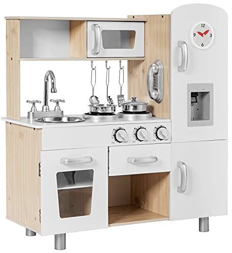 COSTWAY Kinderküche mit Zubehör, Spielküche mit Licht & Sound, Holzküche inkl. Telefon Herd Kühlschrank Mikrowelle, Kinder Küche mit Abnehmbarer Spüle, Spielzeugküche für Kinder ab 3 Jahren