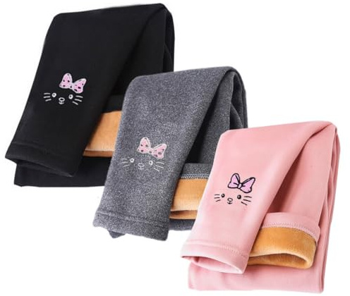 AOOPOO 3 Pack Girls Fleece Thermal Leggings Girls Lined Leggings Warm Winter Cotton Embroidery Pattern Kids Winter Thick Warm Trousers Pants Sizes 2-8 Years