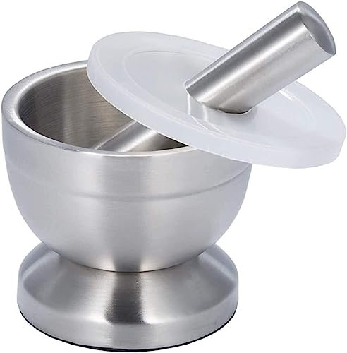 Mortero con Mano, Juego de mortero y mazo Molinillo de piedra for especias Juego de mazo de mortero, triturador de píldoras de molinillo de especias de acero inoxidable con tapa, mortero y mazo con ba