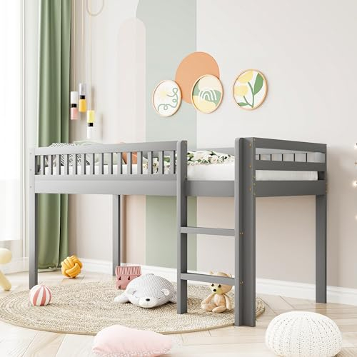 Kinderbett 90x200, Hochbett Etagenbett mit mit Lattenrost, Rausfallschutz und Sicherheitsleiter, Stockbett Holzbett Bettgestell Jugendbett Spielbett Niedrige Bett für Kinderzimmer, Massivholz, Grau