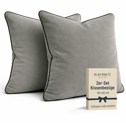 Blau Marité Set de 2 Fundas Cojín Terciopelo 45x45 cm – Cojines Decorativos sofá Cama salón. Funda cojín con Ribete. Relleno no Incluido. (Gris Medio y Gris Oscuro)