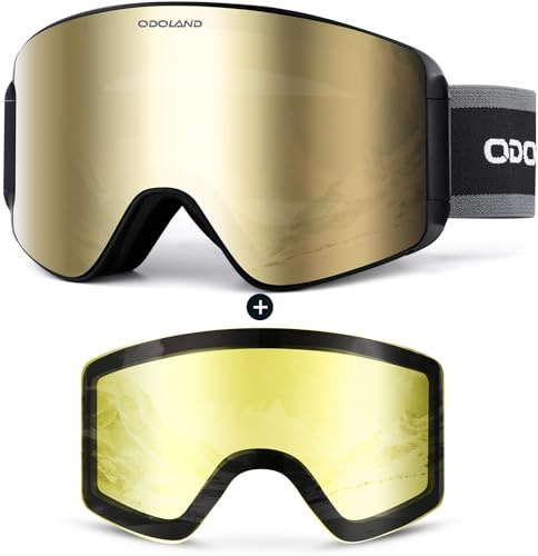 Odoland Skibrille für Damen und Herren Jungen Ski Goggles Anti-Fog UV-Schutz mit Magnetische Wechselglas Snowboardbrille Helmkompatible zum Snowboard Skifahren Bronze