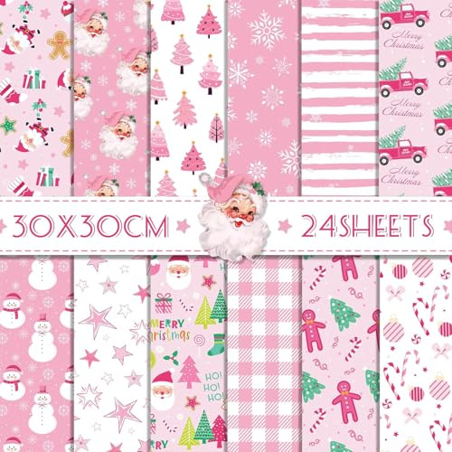 Scrapbooking Papier 30x30 cm, 24 Blatt/12 Designs Doppelseitiges Bastelpapier mit Weihnachtsmann Weihnachtsbaum Schneemann, Dekorpapier Decoupage Papier Block für DIY Alben Bullet Journals Geschenke ﻿