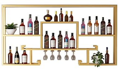 Weinregal Wand Metall mit Licht Flaschenregal Schmal Wine Rack Bar Regal Wand Weinschrank Hausbar Barschrank mit Weinglashalter Weinständer Getränke Regal Mini Bar für Bartheke Wohnzimmer Küche(Gold,1