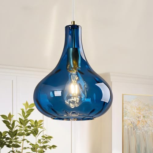 ZYBWL Blaue Glas Pendelleuchte 1 Flammig Gold Metallin Hängeleuchte Küche Hängelampe Höhenverstellbar Einfache Modern Kronleuchter für Schlafzimmer Esstisch Esszimmer, E27 Fassung, Ø 24 cm
