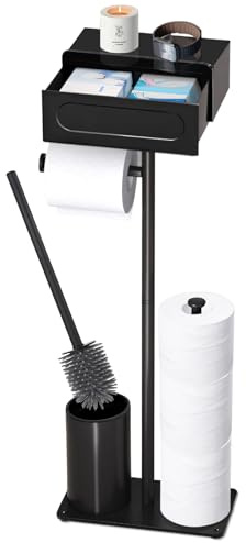 Yichalodge Porte Papier Toilette sur Pied avec Brosse Support Papier Toilette Debout en Acier au Carbone avec Étagère de Rangement Supérieure Aucun Perçage Requis