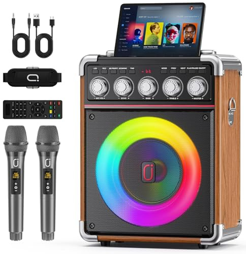Karaoke Machine with 2 Wireless Microphones | Bluetooth 5.3 Speaker with Bass/Treble/Echo Adjustment | PA System with Remote Control & RGB Lights, Supports TV/TF Card/USB/AUX/Live/REC for Home Parties