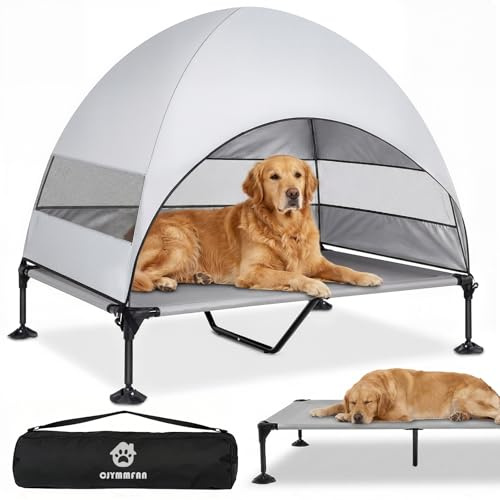 Erhöhtes Hundebett Outdoor mit UV-beständiges Dach，Hundeliege Klappbar mit Anti-Rutsch-Füßen, Hundezelt Outdoor mit Großem Schatten, Kühlendes ErhöHtes Hunde Bett für Camping, Garten & Pool (Grau, XL)