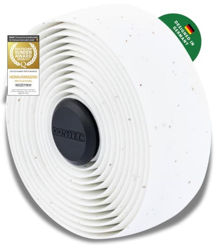 CONTEC Lenkerband Prestige.Cork, 2000x30x2,5 mm, aus Kork-EVA-Schaum, selbstklebend und rutschsicher, mit Klebestreifen und 2 Lenkerstopfen, Paar, weiß