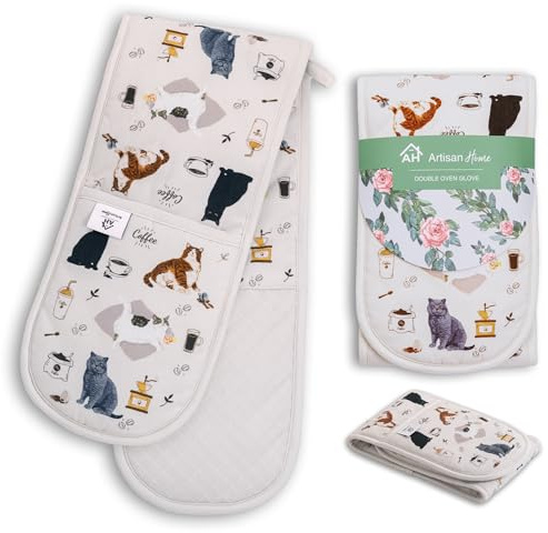 Cat + Coffee Oven Gloves | Thick Potholders Heat Resistant | Quilted Cotton & Silicone Non-Slip Design Pot Holders for Baking Cooking BBQ | Machine Washable Thick Gloves Oven Mitts Kitchen Accessories