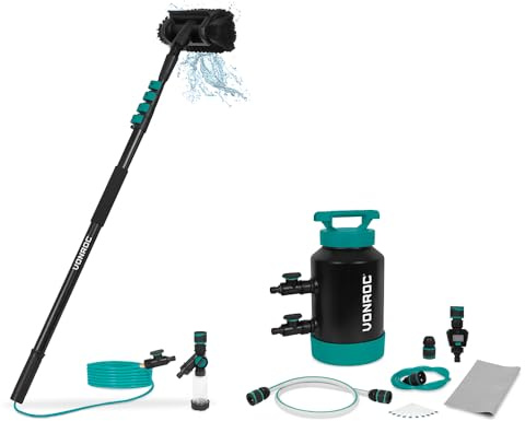 VONROC Set Spazzola di Lavaggio Telescopica 4,60m + Addolcitore d’Acqua Portatile 5L – Pulizia pannelli solari, auto, camper e superfici alte – Con tubo, dispenser sapone e accessori inclusi