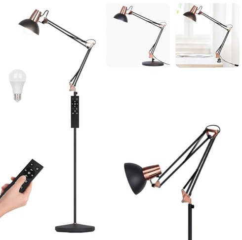 FIRVRE Lampada da Terra LED con Telecomando,Lampada Soggiorno Vintage,3 Modalità di Utilizzo - Lampada da Terra, Tavolo e Clip,Lampada da Lettura per Architetti E27 con Pulsante