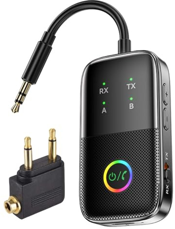 Émetteur Récepteur 2-en-1 Bluetooth 5.2 pour TV/Avion/Salle de Sport/Bateau, Double Liaison aptX Adaptive à Faible Latence, Convertisseur sans Fil pour Jack 3.5mm, Compatible avec 2 Écouteu