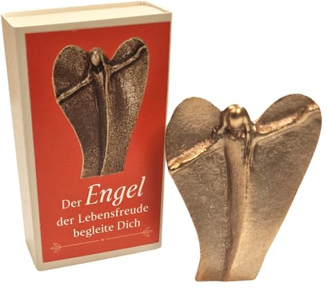 Herzmensch Kleine Engel Figur der Lebensfreude - massiver Goldener Bronze Schutzengel 7 cm als Glücksbringer - Geschenk zu Weihnachten, Geburtstag, Mut und Trost schenken