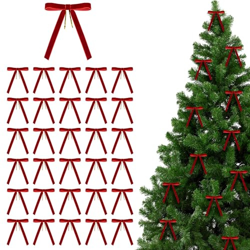 Tinsel Town 30pc Red Velvet Christmas Tree Bow Decorations - Vintage Red Velvet Christmas Bows for Wreaths - Traditional Vintage Xmas Wreath Decor or Xmas Tree Decorations