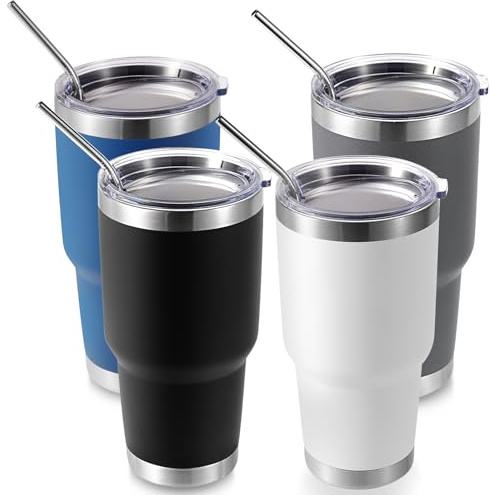 Volhoply 900 ml isoleringsmugg med lock och sugrör 4-pack, dubbelväggiga resekaffekoppar för varm/kalla drycker, passar i mugghållare, BPA-fri (blandning, 4