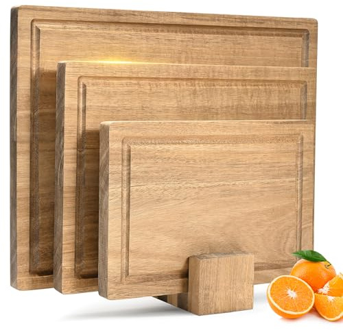 JoyCushy 3 Piece Acacia Wood Chopping Boards Set with Stand, Cutting Boards in 3 Sizes(40 * 30cm, 33 * 24cm, 26 * 18cm), Kitchen Cutting Board Set for Fruit, Vegetables, Meat, Bread