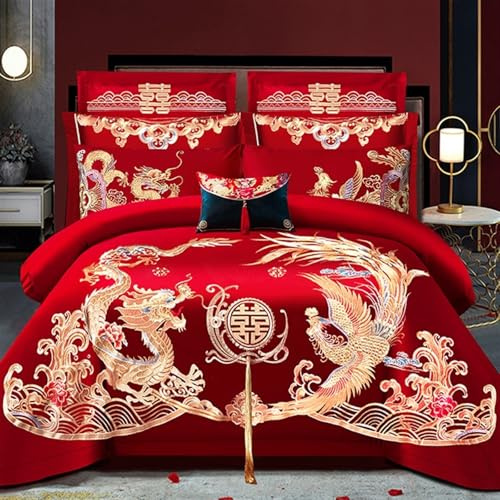 KIRYU Chinese Wedding Bedding Set 4Pcs – Traditional Red Satin Sheets with Dragon & Phoenix Embroidery, 100% Cotton Satin, Duvet Cover & Flat Sheet, No Filler (E,King)