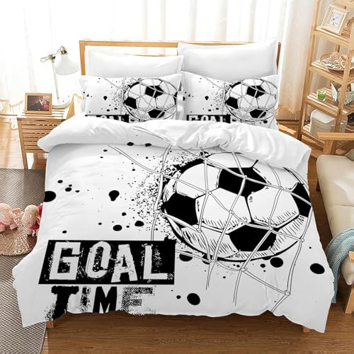 Housse de Couette 160x200 Blanc Parure de Lit Adulte 1 Personne Microfibre Respirante Sports de Football Ensemble de Literie avec Fermeture Éclair et 2 Taies d'oreiller b-2445