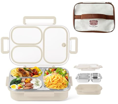 304 Edelstahl Lunchbox, Unterteilte Lunchbox aus Edelstahl, mit Dichtring und 3 Fächern, Mit Handtasche, für Schulbüro Reise Outdoor, Mikrowellengeeignet
