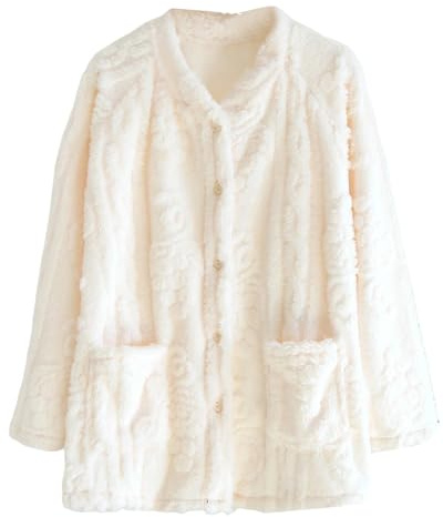 Women Flannel Bed Jacket Loungewear Coat Fleece Warm Winter Button Down Sleep Jacket With Pockets Long Sleeve Pajama Set (Beige, M)