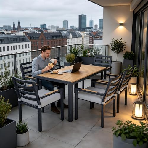 Su & Chan Legence Gartenessgruppe für 6 Personen, Gartenmöbel Set mit 1 Tisch und 6 Stühlen, aus verzinktem Eisen mit Kunststoffholz-Tischplatte, für Garten, Terrasse und Balkon, Grau